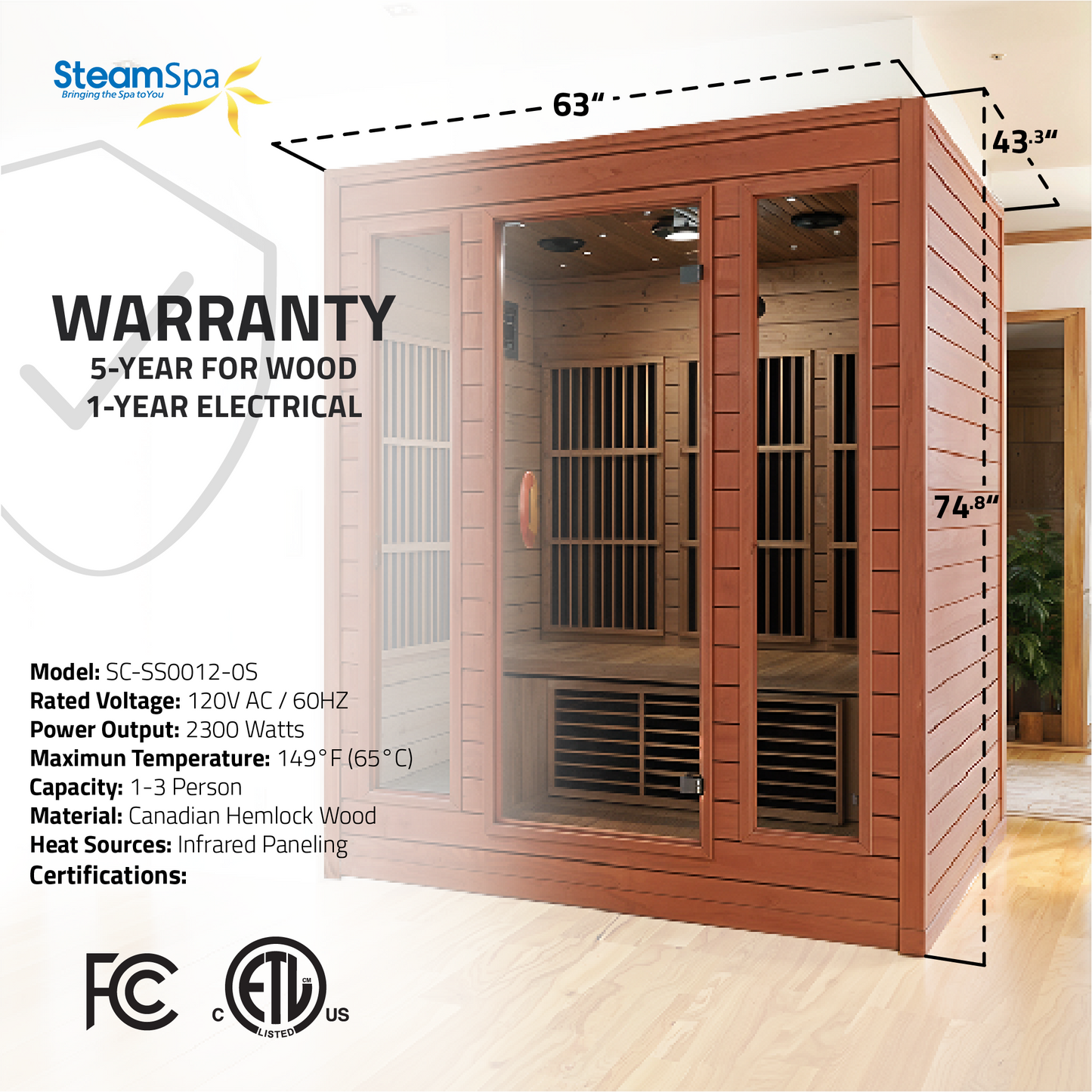 SteamSpa 3 Person Hemlock Sauna with an Oxygen Bar, Heating Plate, Touch Panel Control