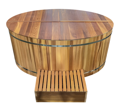 Luxury Cedar Oval Cold Plunge Tub with Stainless Steel Interior, Dual Covers, Easy Drainage, Steps & Headrest Included