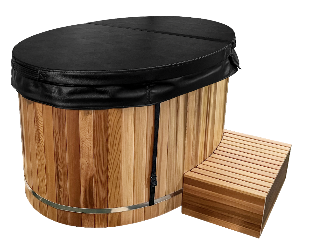 Luxury Cedar Oval Cold Plunge Tub with Stainless Steel Interior, Dual Covers, Easy Drainage, Steps & Headrest Included