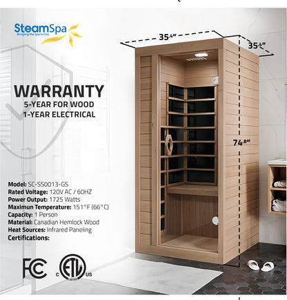 SteamSpa Home Sauna Room 1 Person Hemlock Wooden Indoor Sauna Spa