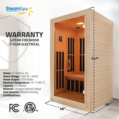 Home Sauna Room 2-Person Indoor Hemlock Wooden Infrared Indoor Sauna Spa with Bluetooth Digital Control Panel