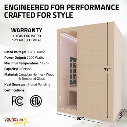 SaunaSpa Full Spectrum 3-Person Infrared Indoor Sauna with Full Range Near, Mid, and Far Infrared Panels and WiFi Control