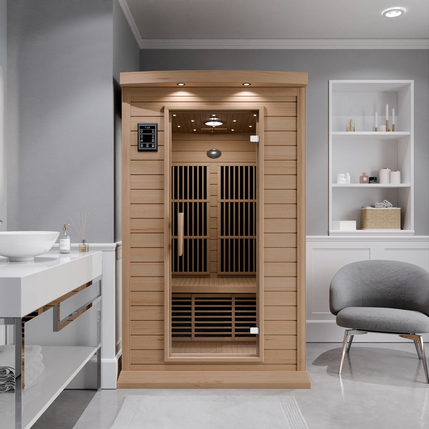 SaunaSpa Seychelles 2-Person Carbon FAR Infrared Infrared Hemlock Wooden Indoor Home Sauna Room with LED Touch Control Panel