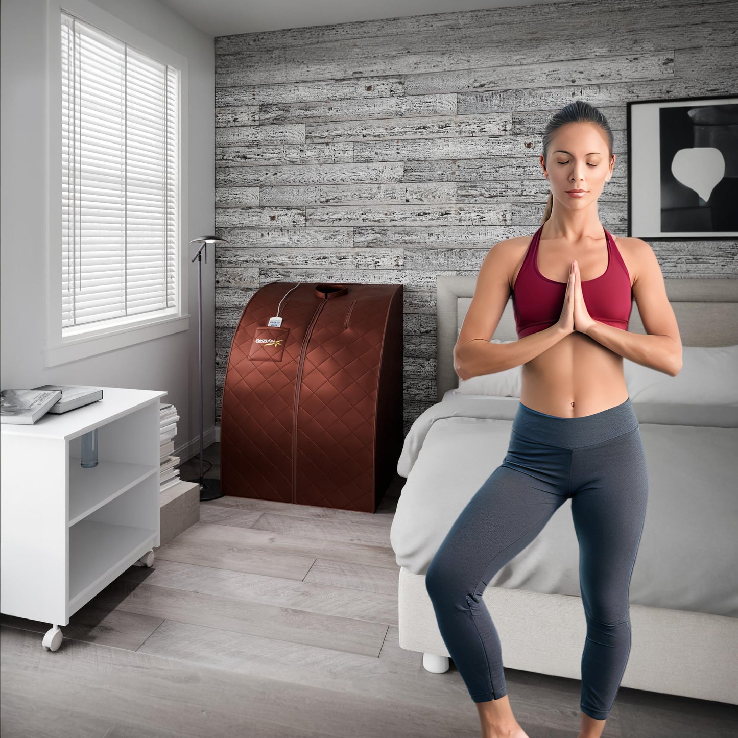 SaunaSpa 1-Person Indoor PP Plastic 1050 Watt Portable Infrared Home Sauna with Digital Controller and Foldable Chair, Brown