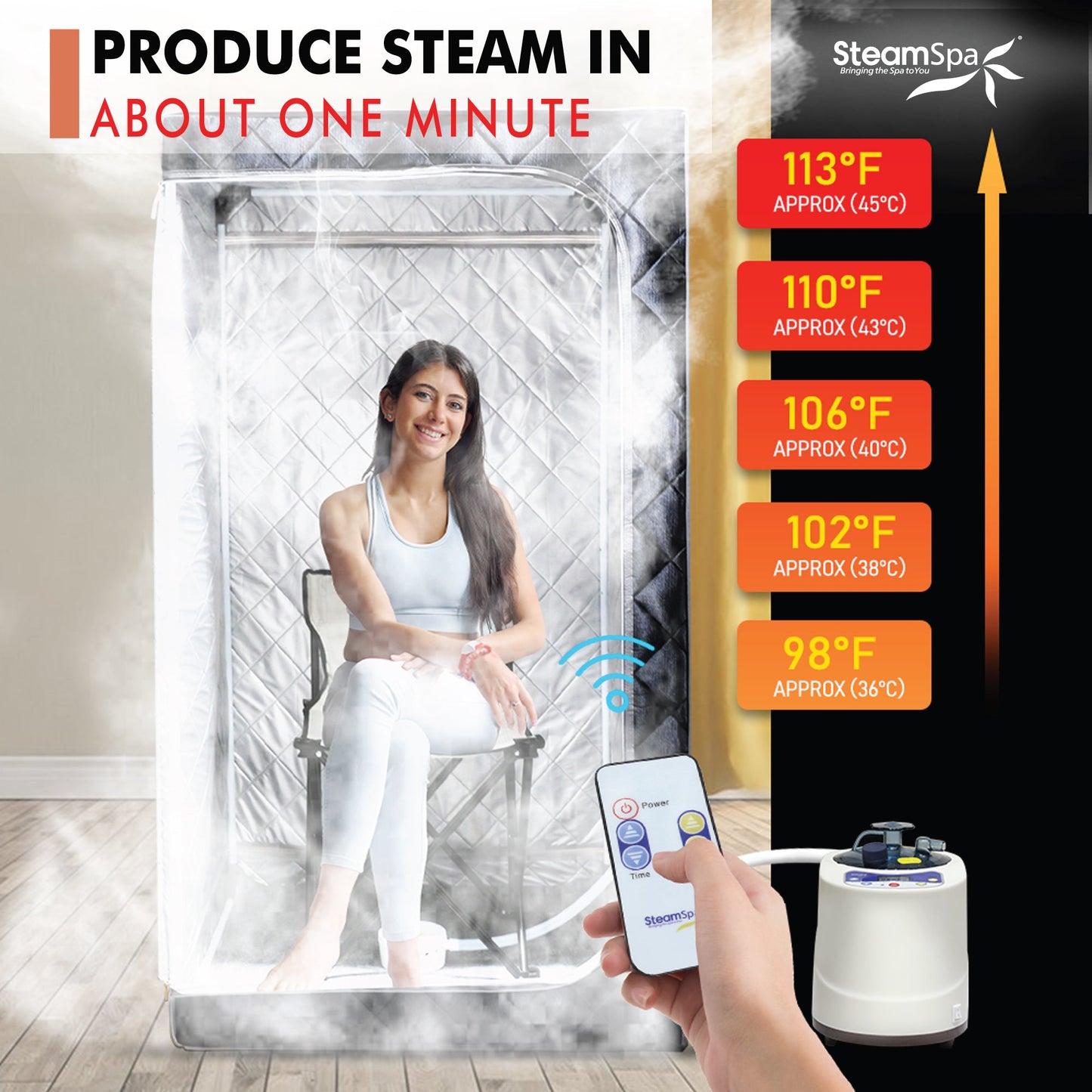 SaunaSpa 1-Person Indoor PP Plastic 900 Watt Portable Steam Home Sauna with Digital Controller and Foldable Chair, Black