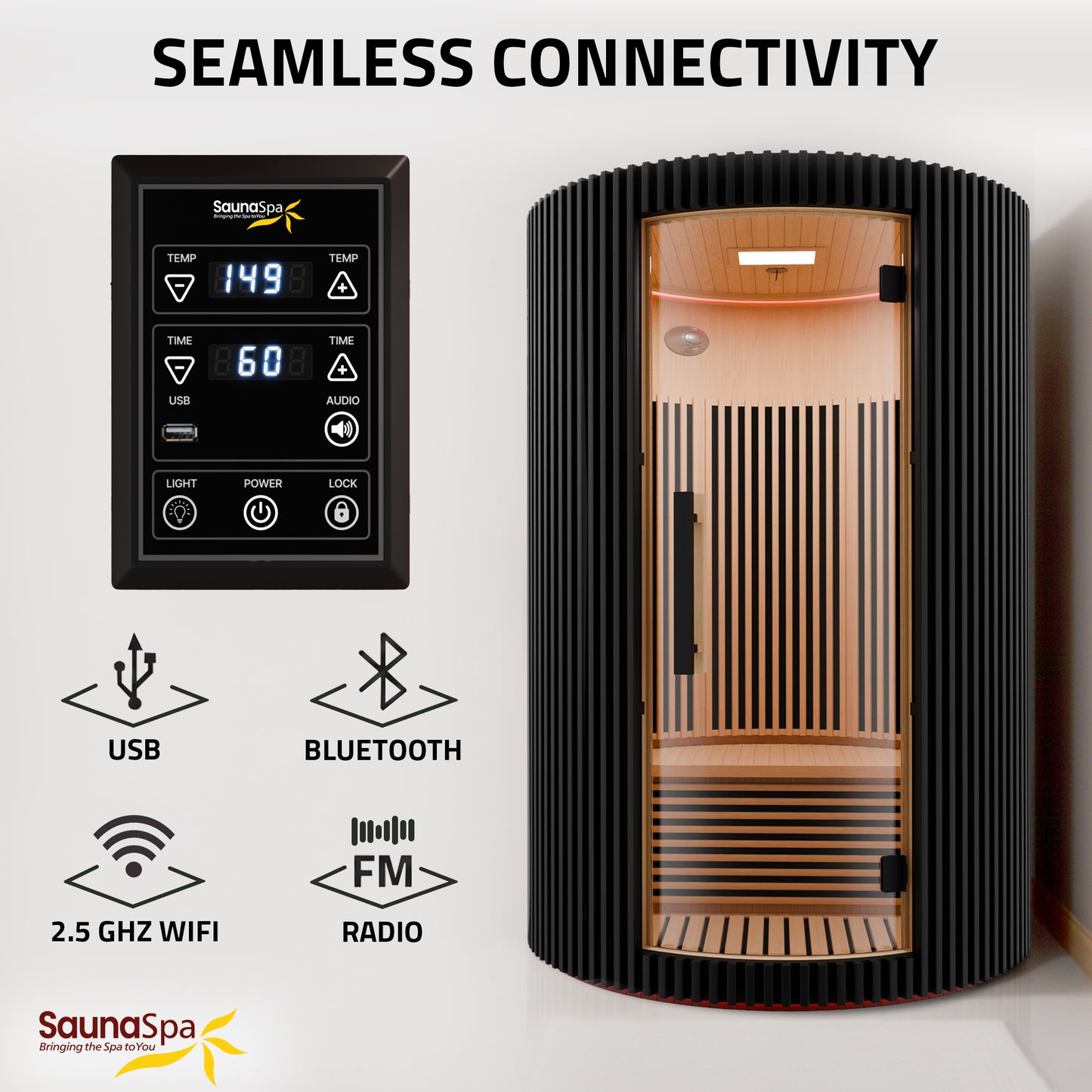 SaunaSpa 1-2-Person Round Infrared Sauna with Canadian Hemlock Wood, Infrared Heating Panels, Red Light Heater, and WiFi Control