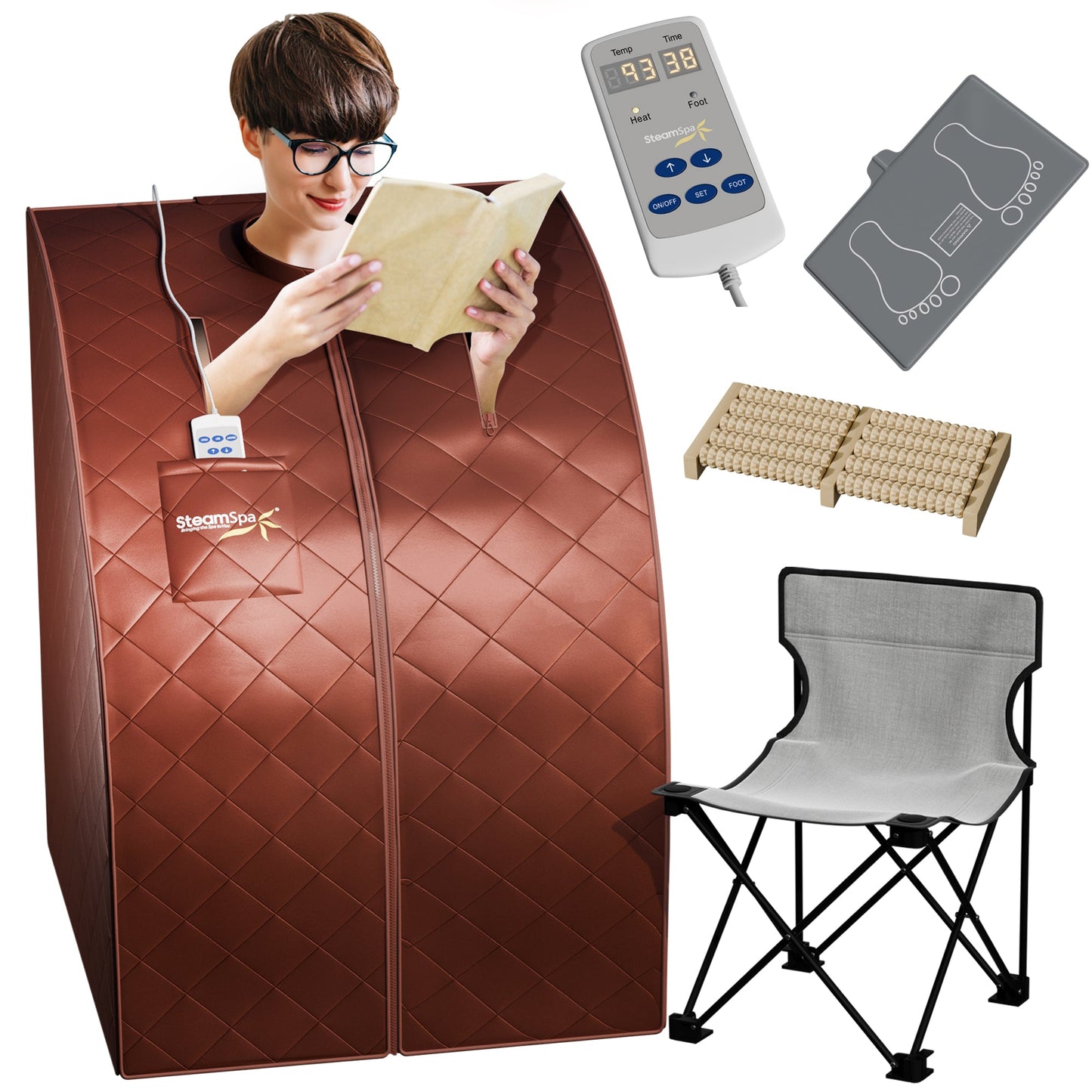 SaunaSpa 1-Person Indoor PP Plastic 1050 Watt Portable Infrared Home Sauna with Digital Controller and Foldable Chair, Brown