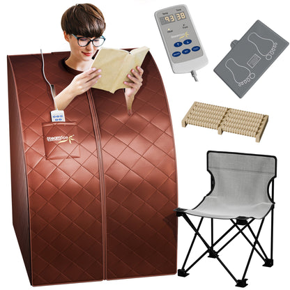 SaunaSpa 1-Person Indoor PP Plastic 1050 Watt Portable Infrared Home Sauna with Digital Controller and Foldable Chair, Brown