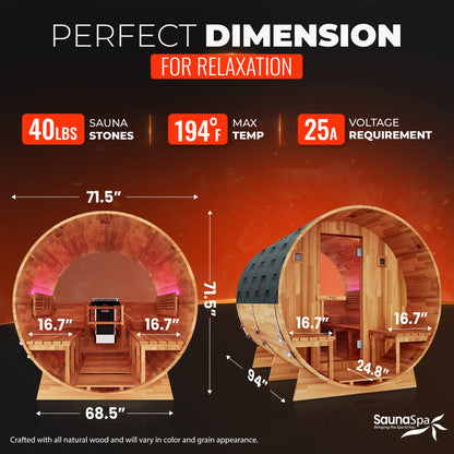 4-6 Person Outdoor Barrel Sauna in Cedar with ETL-Certified 6.2kW Rock Heater, Panoramic View, and Non-Curved Design