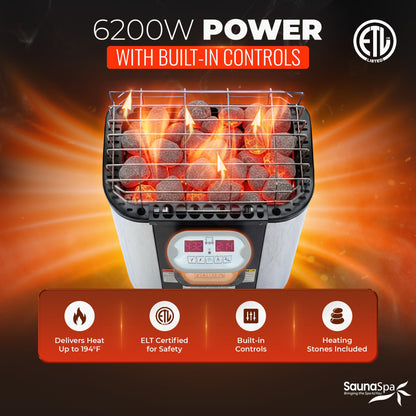 3-4 Person Outdoor Cabin Sauna in Cedar and Hemlock with Far Infrared Panels, and ETL Certified 6.2kW Sauna Rock Heater