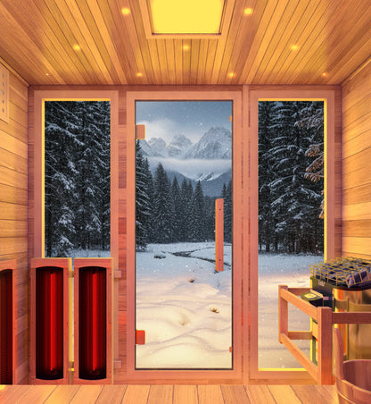 3-4 Person Outdoor Cabin Sauna in Cedar and Hemlock with Far Infrared Panels, and ETL Certified 6.2kW Sauna Rock Heater