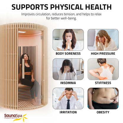SaunaSpa 1-2-Person Round Infrared Sauna with Canadian Hemlock Wood, Infrared Heating Panels, Red Light Heater, and WiFi Control