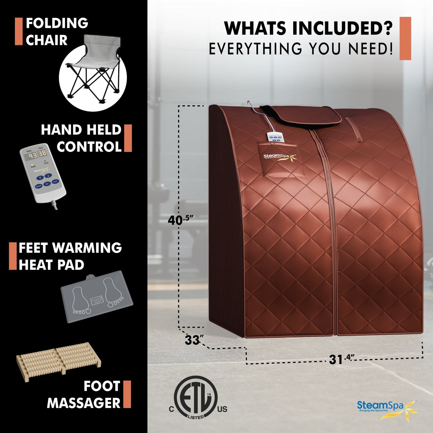 SaunaSpa 1-Person Indoor PP Plastic 1050 Watt Portable Infrared Home Sauna with Digital Controller and Foldable Chair, Brown