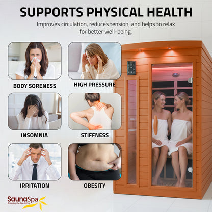 SaunaSpa 2-Person Indoor Cabin Sauna in Hemlock with Infrared Heating Panels, Tempered Glass Door, and Chromotherapy Lighting