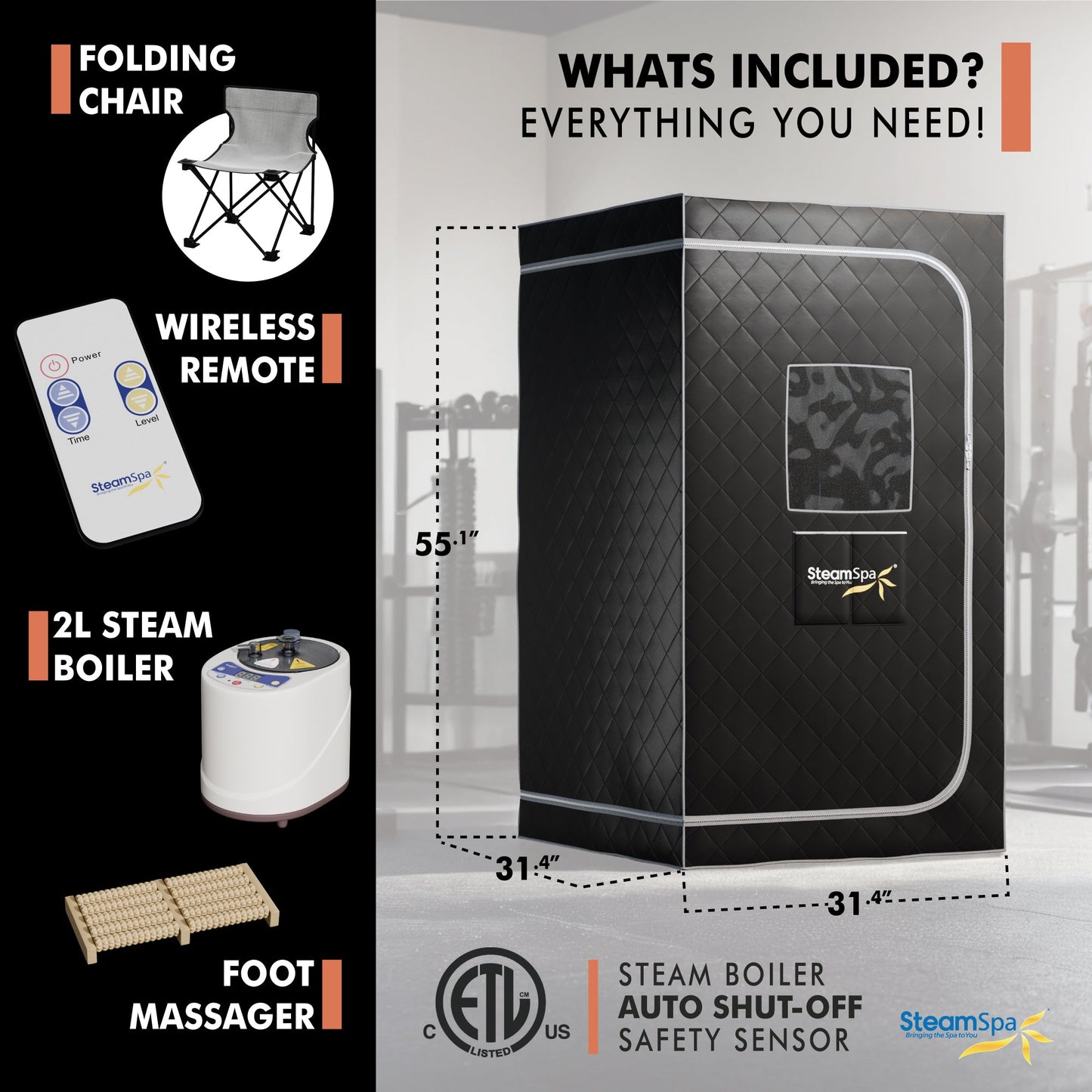 SaunaSpa 1-Person Indoor PP Plastic 900 Watt Portable Steam Home Sauna with Digital Controller and Foldable Chair, Black