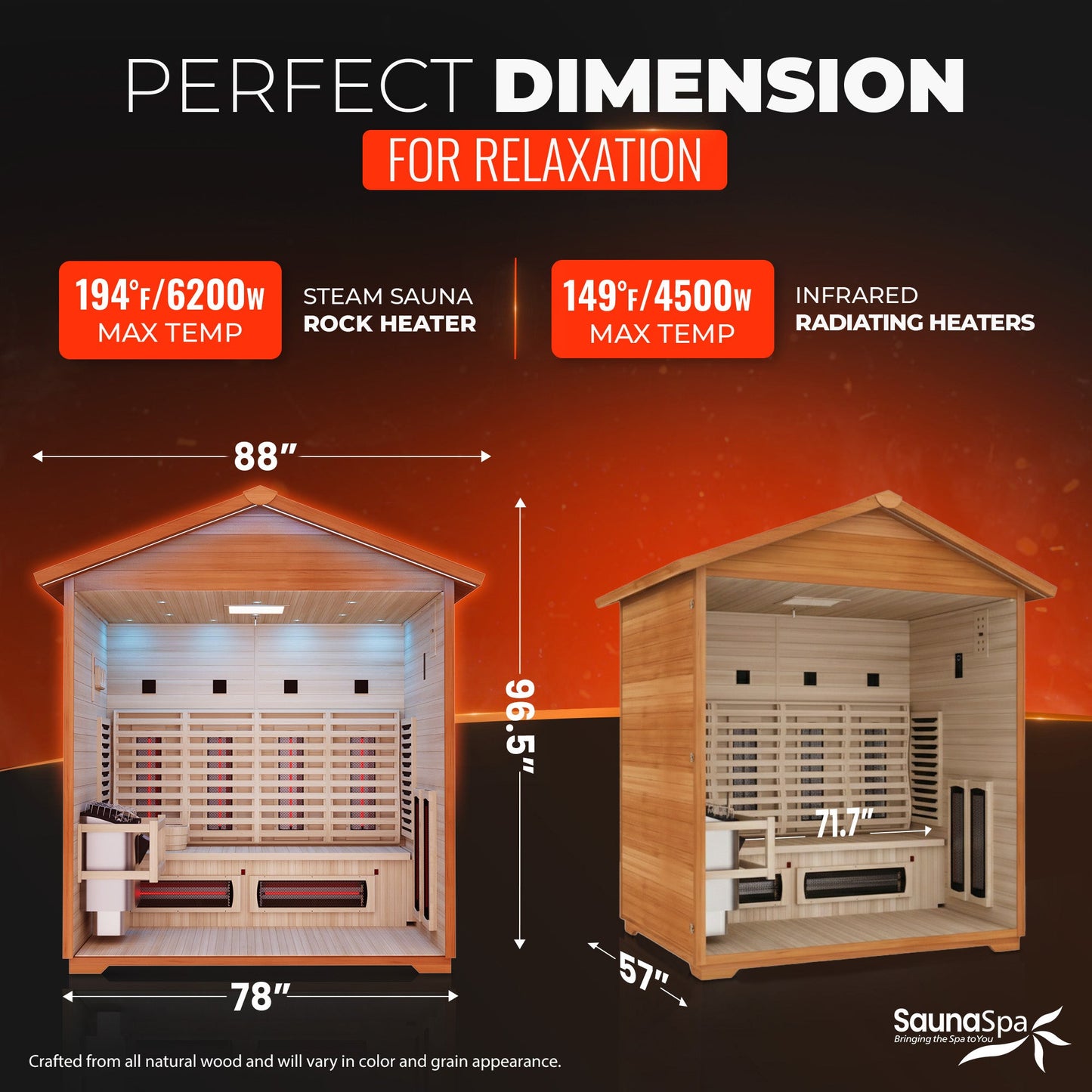 3-4 Person Outdoor Cabin Sauna in Cedar and Hemlock with Far Infrared Panels, and ETL Certified 6.2kW Sauna Rock Heater