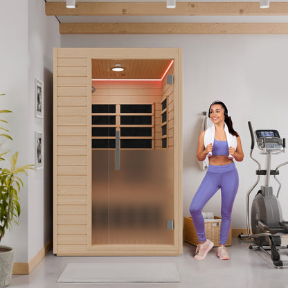 SaunaSpa 2-Person Infrared Cabin Sauna with Canadian Hemlock Wood, Low EMF Heating Panels, Chromotherapy and Glass Door