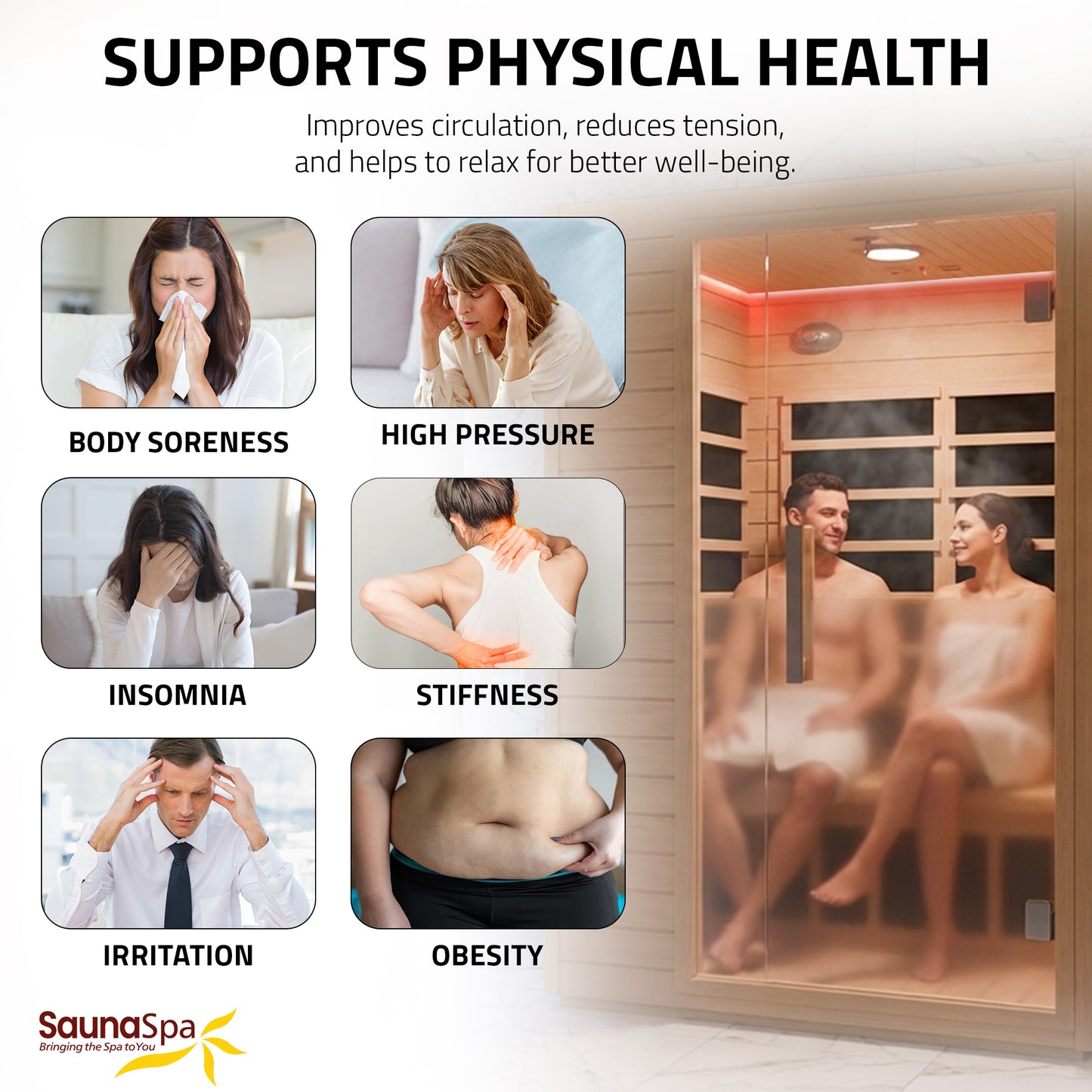SaunaSpa 2-Person Infrared Cabin Sauna with Canadian Hemlock Wood, Low EMF Heating Panels, Chromotherapy and Glass Door