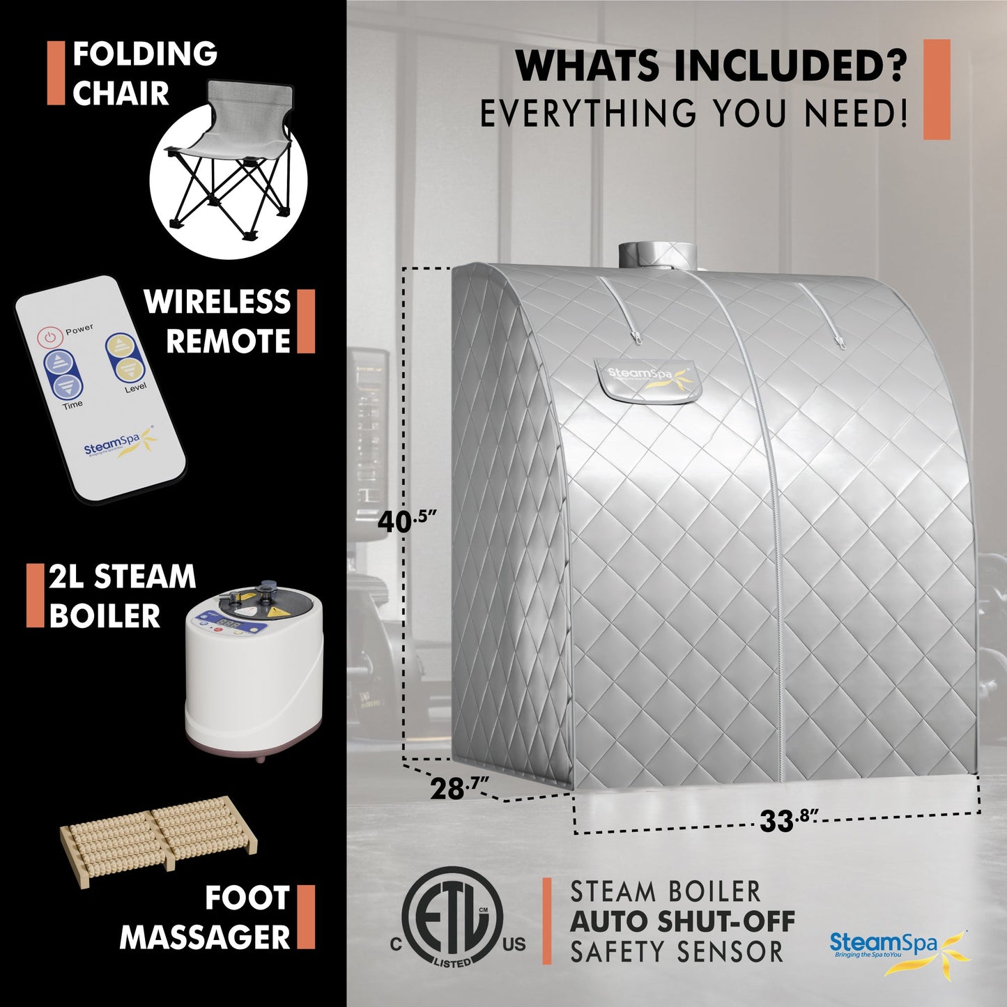 SaunaSpa 1-Person Indoor PP Plastic 900 Watt Portable Steam Home Sauna with Digital Controller and Foldable Chair, Silver