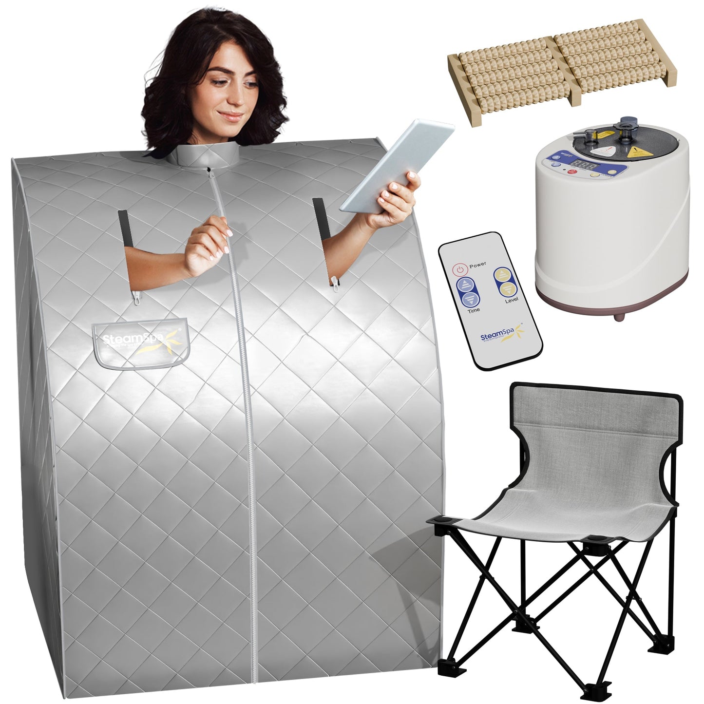 SaunaSpa 1-Person Indoor PP Plastic 900 Watt Portable Steam Home Sauna with Digital Controller and Foldable Chair, Silver