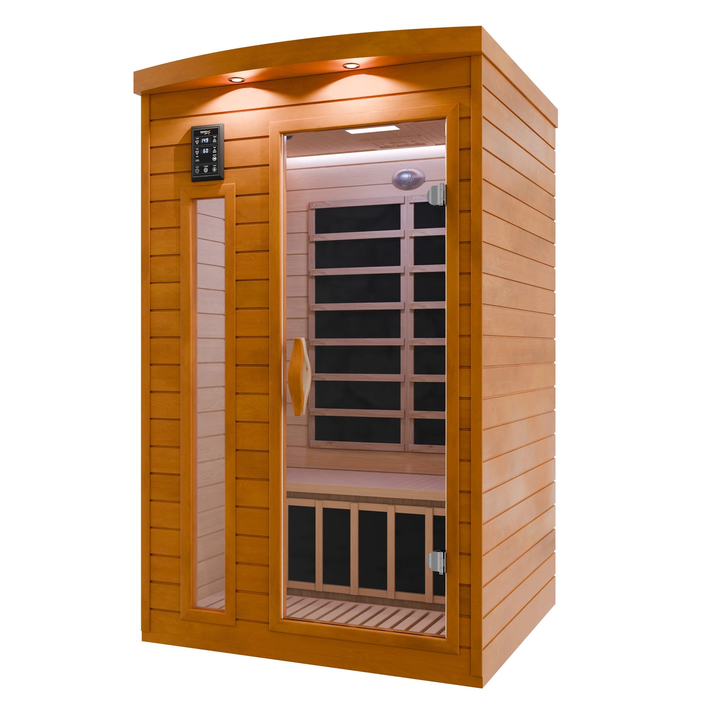 SaunaSpa 2-Person Indoor Cabin Sauna in Hemlock with Infrared Heating Panels, Tempered Glass Door, and Chromotherapy Lighting
