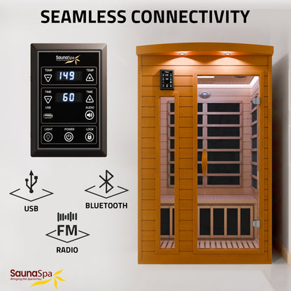 SaunaSpa 2-Person Indoor Cabin Sauna in Hemlock with Infrared Heating Panels, Tempered Glass Door, and Chromotherapy Lighting