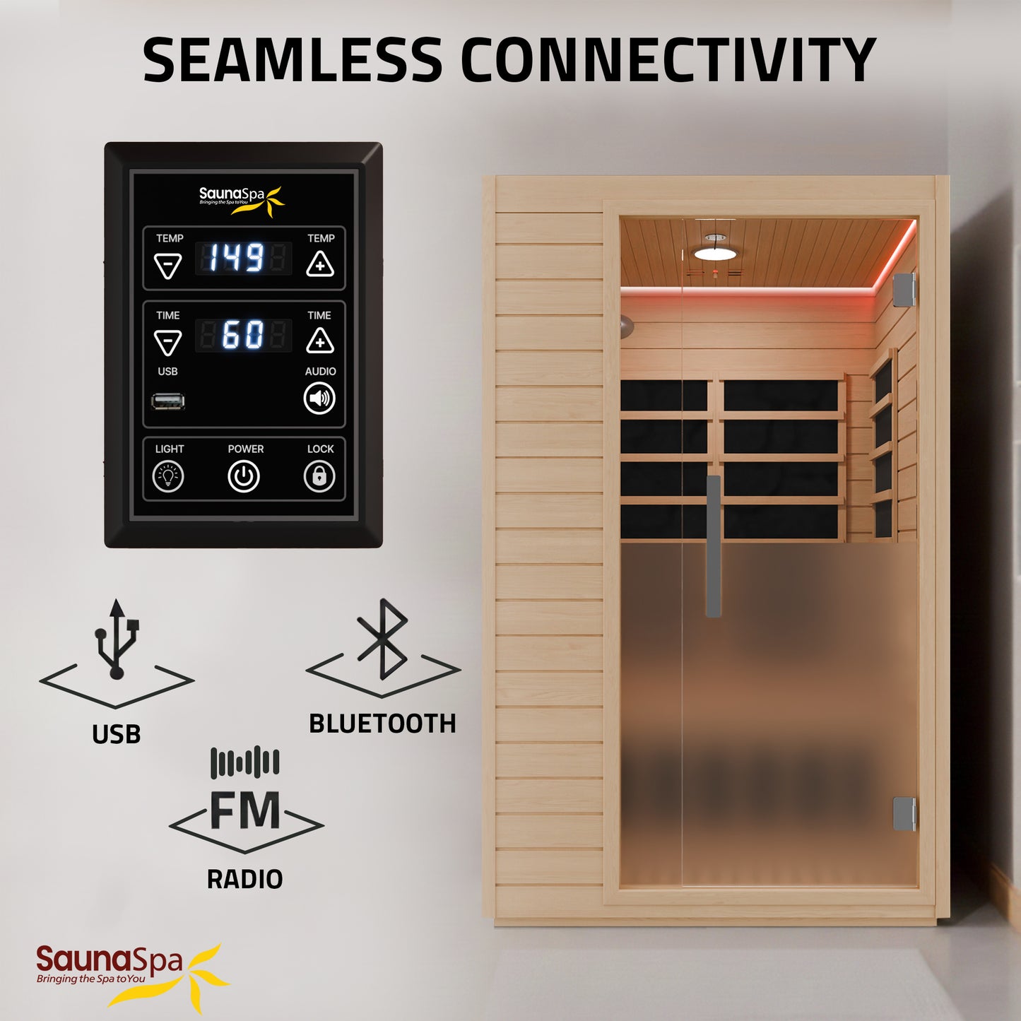SaunaSpa 2-Person Infrared Cabin Sauna with Canadian Hemlock Wood, Low EMF Heating Panels, Chromotherapy and Glass Door