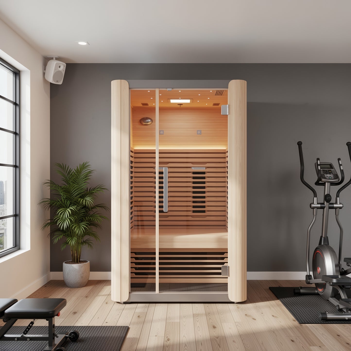 SaunaSpa Yoga Sauna 2-Person Infrared Indoor Hemlock Wood Sauna with Removable Bench, and Floor Heating for Perfect Yoga Sessions