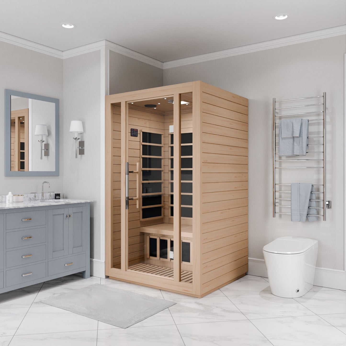 SaunaSpa Maldives 2-Person Indoor Hemlock Wooden Low EMF Carbon FAR Infrared Home Sauna Room with LED Touch Control Panel