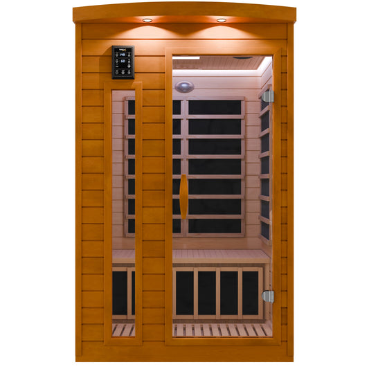 SaunaSpa 2-Person Indoor Cabin Sauna in Hemlock with Infrared Heating Panels, Tempered Glass Door, and Chromotherapy Lighting