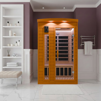 SaunaSpa 2-Person Indoor Cabin Sauna in Hemlock with Infrared Heating Panels, Tempered Glass Door, and Chromotherapy Lighting